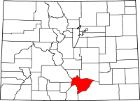 State map highlighting Huerfano County