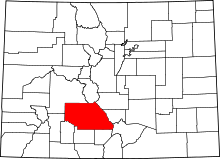 Map of Colorado highlighting Saguache County