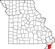 A state map highlighting Pemiscot County in the southeastern corner of the state.