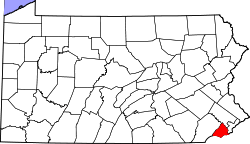 Map of Pennsylvania highlighting Delaware County