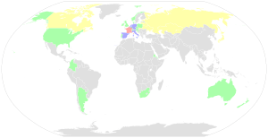 A world map with colours showing how many rider from each nation competed in the 2016 Tour de France.