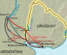 map of the Platine region showing routes of attack by armies going from Uruguay into northern Argentina and then south towards Buenos Aires