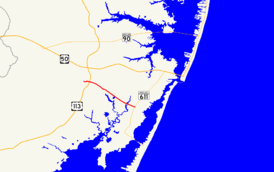 A map of northern Worcester County showing major roads.  Maryland Route 376 runs from Berlin to MD 611 near Assateague Island.