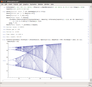 A computer display showing in the upper half programming source code, and in the lower half a graph of four branching bifurcating chaotic functions