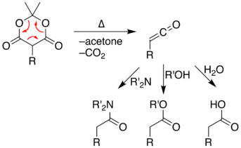 Reaction of the pyrolysis-product ketene with amines, hydroxyl compounds, or water gives amides, esters, or carboxylic acids respectively