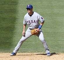 Baseball player in an athletic stance. He is wearing a blue baseball cap inscribed with a "T", and his jersey reads "TEXAS" across the front.