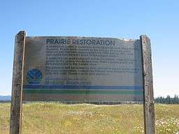 Small grass-covered hills with yellow and white flowers, with treeline in background, DNR sign in foreground