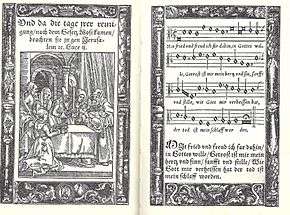 two pages from a historic hymnal from 1548, on the left page an illustration of the Presentation of Jesus at the Temple with a header, on the right page the sheet music of the tune with the text of the first stanza under the notes and also below