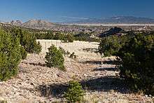 A color picture of some foothills with mountains in the background