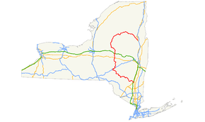 NY 28 follows a routing shaped like a C from its southern terminus near the New York State Thruway in Kingston to its northern terminus at US 9 in the North Country. It heads northwest to Oneonta, where it briefly overlaps Interstate 88. From there, it proceeds north, intersecting US 20 and the Thruway east of Utica before entering the North Country and turning east to reach US 9.