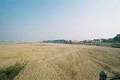 A daytime view of a desiccated, scappled expanse that wholly fills the fore- and middle ground and arcs away to the horizon at left. Of clouds in the sky there are none whatever. At extreme right in the middle distance, a thin bank of trees sits on a slightly higher level, reaching to the middle and rightward horizon; people and livestock mill about before them. Several pink buildings, perhaps a village, sit similarly elevated in front of the trees at middle-right, beyond the dominating dusty expanse.