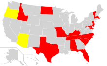 A map of the United States with Alabama, Florida, Idaho, Kentucky, Maryland, Massachusetts, Missouri, New Jersey, North Carolina, North Dakota, South Carolina, Tennessee, Texas and Vermont marked in red to designate the states with official horse breeds or states that have horses or horse breeds as their official state animal. Arizona and Oregon are marked in yellow to designate that they have had proposed state horse breeds.