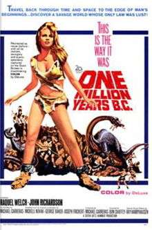 Theatrical poster with Welch against backdrop of dinosaurs attacking humans