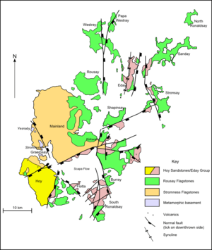 A map of the geology of Orkney. Hoy to the south west is predominantly formed from Hoy/Eday Sandstones. The Mainland at centre is largely Stromness flagstones with Rousay flagstones to the east. The North and South Isles are a mixture of Eday and Rousay sandstones.