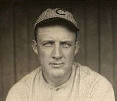 A man in a striped white baseball jersey wearing a striped gray baseball cap with a "C" at the centre.