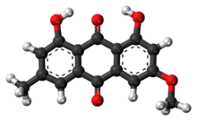 Ball-and-stick model of the parietin molecule