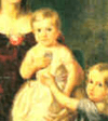 =A painting of a blond toddler in a white dress being supported by another child wearing a blue dress.