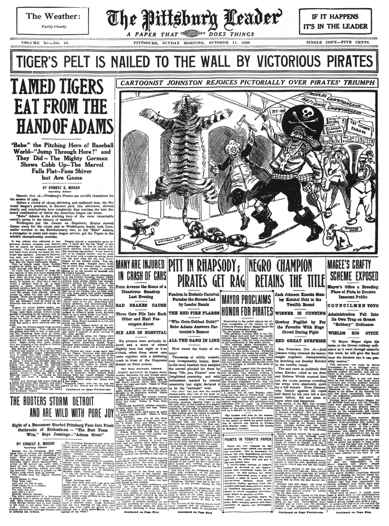 Father Pitt cele­brat­ing 1909 World Series win, drawn by Fred Johnston of the Leader.