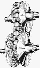  A pair of conical pulleys, with a flat belt running between them.