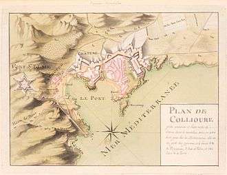 Sepia-toned map shows Collioure and Fort Saint-Elme in the 18th century.