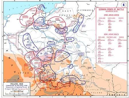 A Map showing the dispositions of the opposing forces on 31 August 1939 with the German plan of attack overlaid in pink.