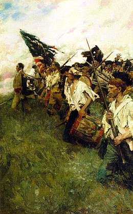 Painting showing a line of somewhat tattered but determined American soldiers marching into battle, led by an officer on foot