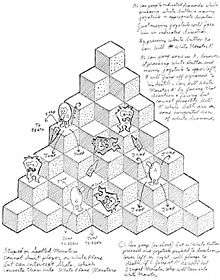 A concept sketch illustrating an earlier outline of the game. The pyramid and Q*bert's movement are already very similar to the final product, but it still shows a shooting mechanic, which was not implemented in the final game. It also shows a sole enemy type not in the final game, which differs only in its shading and orientation on the three visible sides of the cubes.