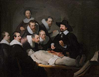 A painting of an autopsy, by Rembrandt, entitled "The Anatomy Lesson of Dr. Nicolaes Tulp"