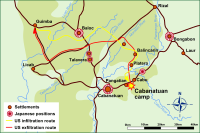 Map of the Philippines, indicating the path taken from Guimba to the prisoner camp, as well as the path to return to Guimba. The map details roads, rivers, towns, and Japanese positions.