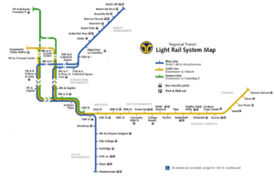 The Blue Line forms the north–south route, and the Gold Line forms the east–west route. The Central City fare zone is located to the west.