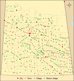 Map of urban municipalities by type in Saskatchewan as of 2013