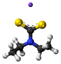 Ball-and-stick model of the component ions of sodium diethyldithiocarbamate