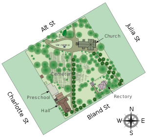 Vector graphics site map with streets, buildings, the cemetery, pathways, and trees marked.