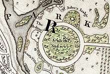 1833 map of the Inner Circle of Regents Park shows St. John's Lodge on the outside perimeter at about one o'clock and The Holme at about ten o'clock. The inside of the Inner Circle is labeled "Jenkins Nursery".