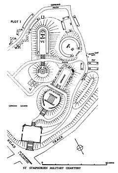 a map showing the areas of raised land as well as the location of each plot and memorial