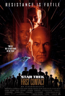 Movie poster for Star Trek: First Contact, showing head shots of Patrick Stewart as Captain Jean Luc Picard, Brent Spiner as Data, and Alice Krige as the Borg Queen, from bottom to top; the bottom shows an image of the starship Enterprise NCC-1701-E speeding to the background over an army of Borg drones.