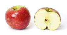 A round, red apple and its cross section side-by-side and isolated on a white background. A brown seed is set in the center of the cross sectioned apple.