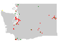 Outline of map of Washington with colored dots representing the location of Superfund sites in the state