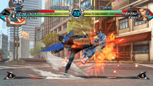 Image of a superhero and a human locked in combat in a city setting.