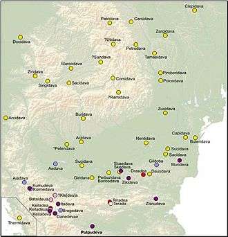 Onomastic range of the Dacian towns with the dava ending, covering Dacia, Moesia, Thrace and Dalmatia