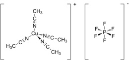 Structural formulas of the tetrakis(acetonitrile)copper(I) cation and the hexafluorophosphate anion