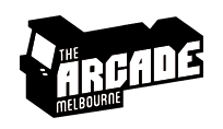 In an angled, the words "The Arcade" are uppercase and in a cartoon format, with the word Melbourne at the bottom left corner of the logo. In the depth shadow of the logo, the shadow forms an arcade booth.