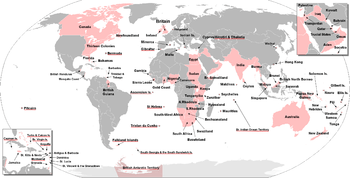 All areas of the world that were ever part of the British Empire. Current British Overseas Territories have their names underlined in red.