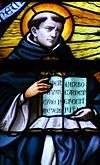 St Thomas Aquinas in stained glass, Saint-Rombouts Cathedral, Mechelen, Belgium