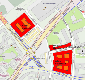 Altes Stadthaus' location in relation to Neues Stadthaus and Rotes Rathaus.