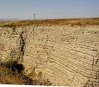  This photo shows another canyon cut into the surrounding flat soil with about 30 distinct horizontal layers of sediment, each clearly demarked from the layer below. Above the canyon a telephone pole can be seen in the distance – the pole provides the perspective that helps the viewer establish that the cut is 30–40 ft (9.1–12.2 m) deep. In the foreground one observes the near edge of the canyon, which help one establish that the canyon is quite narrow and steep walled.