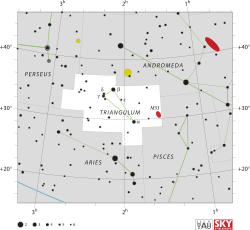 Diagram showing star positions and boundaries of the Triangulum constellation and its surroundings