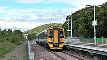 Class 158 DMU at the platform at Tweedbank railway station