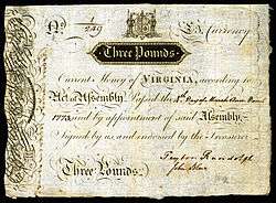 Virginia colonial currency, 3 pounds sterling, 1773 (obverse)