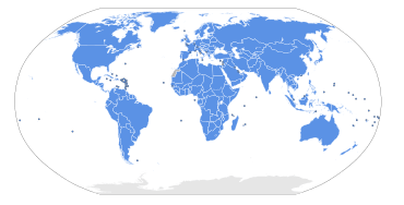 A political map of the world with all territories shaded blue to denote United Nations membership, except Antarctica, the Palestinian territories, the Vatican, and Western Sahara, which are grey